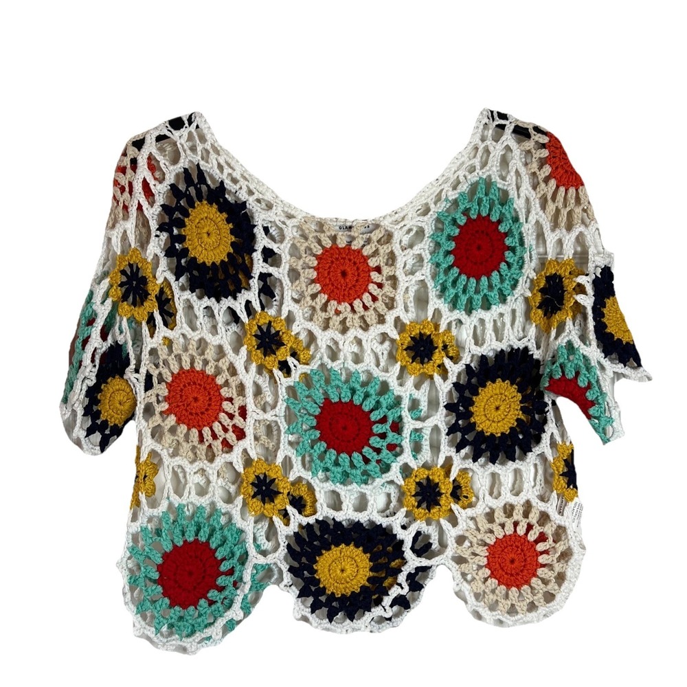 Glamorous Crochet Crop Top Multi Color Floral Granny‎ Square Boho Short Sleeve M